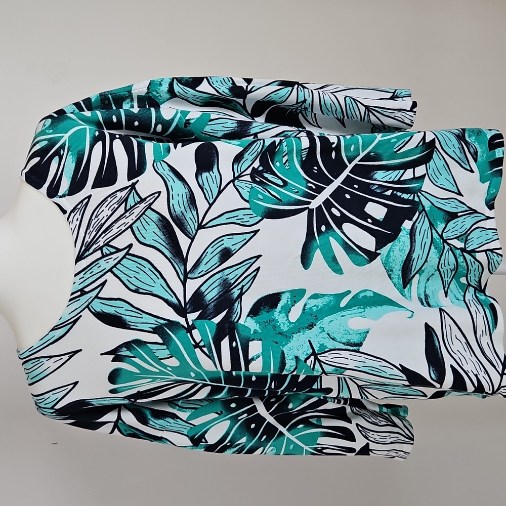 Chicos LG Tropical Palm Knit Top Green White Resort Cruise Travel
